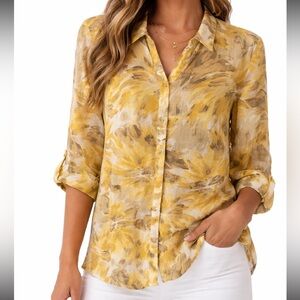 JM Collection Yellow Tan Patterned Button Down Linen Shirt